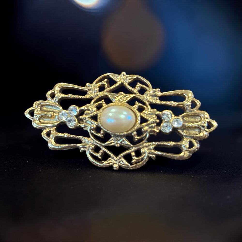 Vintage Pearl Rhinestone Filigree Brooch Gilded Romantic Edwardian Revival